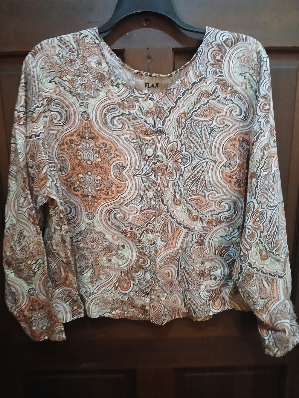 Flax Paisley Button-Front Long Sleeve Top in Brown and Cream Size 22/24